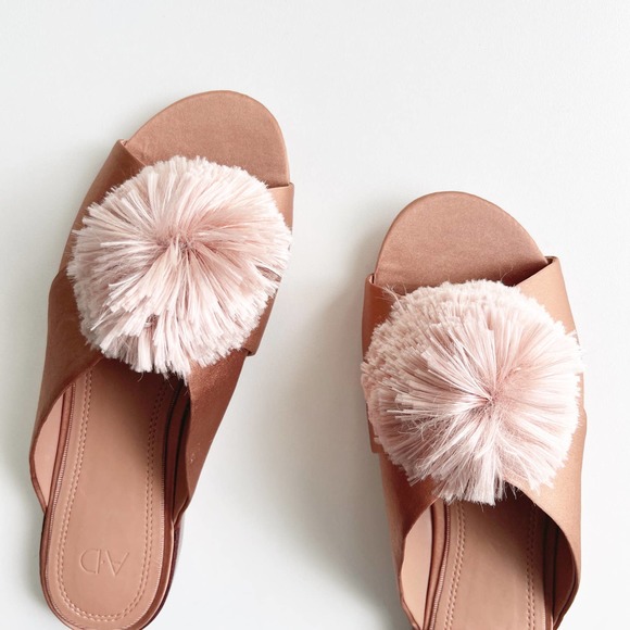 AD & Daughters Shoes - AD & Daughters Satin Leather Pom Pom Harthe Slide Mules Rusty Blush Size 6.5